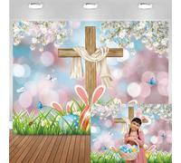 Bovlleetd 6x4ft Christian Backdrop Spring Easter Bunny Eggs Lord Party Background Pink Floral Bokeh Butterfly Wood Cross Jesus Nativity Church Backdrop for Easter Religious Party Supplies Vinyl