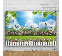 Bovlleetd 6x4ft Flower Butterfly Photography Background Spring Scene Backdrop Green Grass Garden Background Blue Sky White Clouds Sunshine Decorative Banner