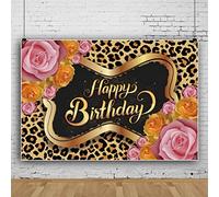 Bovlleetd 6x4ft Leopard Print Birthday Backdrop Happy Birthday Photography Background Pink Yellow Rose Background for Woman Girl Birthday Party Decoration Banner