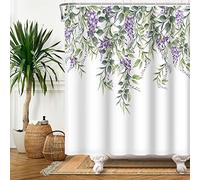 Bovlleetd 72x84inch Purple Flower Shower Curtain, Eucalyptus Leaves Spring Scenery Green Plant Bathroom Curtain Watercolor Flowers Botanical Shower Curtains Waterproof Bathtub Curtain