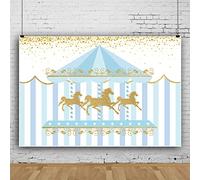 Bovlleetd 7x5ft Carousel Photography Background Cartoon Amusement Park Scene Blue Gold Carousel Backdrop Gold Sparkling Blue white Stitching Background for Baby Shower Party Banner
