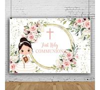 Bovlleetd 7x5ft First Communion Photography Background Baby Girl Baby Baptism Party Banner Cute Girl Christian Pink Rose Flower Backdrop Gold Sparkling Eucalyptus Leaf Background