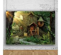Bovlleetd 7x5ft Forest Tree House Photography Background Magic Fairy Tale Forest Green Giant Tree Backdrop Sunlight Stone Road Background for Photo Studio Props