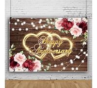 Bovlleetd 7x5ft Happy Anniversary Backdrop Vintage Wood Floor Backdrop for Wedding Anniversary Party Banner Glitter Golden Hearts Flowers Photography Backdrop for Wedding Proposal Props