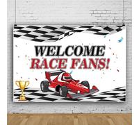 Bovlleetd 7x5ft Racing Track Backdrop WELCOME RACE FANS Banner Black White Grid Track Cartoon Sports Car Photography Background Celebrate Race Victory Trophy Background