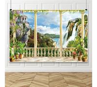 Bovlleetd 7x5ft Seaside Scenery Backdrop Elegant European Architecture Balcony Backdrop Garden Sea Waterfall Mountain Photography Background Party Studio Shooting Props Vinyl