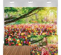 Bovlleetd 7x5ft Spring Scenery Photo Backdrop Greenery Tree Watercolor Florals Field Background for Photography Nature Garden Scenic Wallpaper Outdoor Valentine's Day Photo Studio Props Vinyl