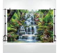 Bovlleetd 7x5ft Waterfall Backdrop Vinyl Grass Forest Floral River Stone Waterfall Nature Landscape Photography Background Rain Forests Scenery Wallpaper for Home Decor Portrait Photo Props