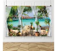 Bovlleetd 8x6ft Hawaiian Seaside Backdrop Vintage Balcony Wooden Bridge Railing Backdrop Palm Trees Curtains Photography Background Party Studio Shooting Props Vinyl
