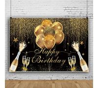 Bovlleetd 9x6ft Happy Birthday Backdrop Black Gold Theme Gold Balloon Sparkling Photography Background Gold Star Champagne Spray Background for Birthday Party Decor