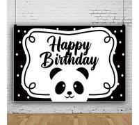 Bovlleetd 9x6ft Happy Birthday Photography Background Panda Black White Themed Backdrop Kids Boy Girl Birthday Party Banner for Birthday Party Decoration Props Cake Table Banner