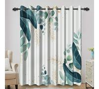 Bovlleetd Blue Eucalyptus Leaves Window Curtains Watercolor Botanical Leaf Print Room Darkening Curtains for Bedroom Modern Chic Gold Leaves Decor Thermal Insulated Curtains set 2 Panels 46Wx90H