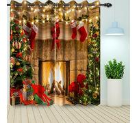 Bovlleetd Christmas Fireplace Window Curtains Xmas Tree Red Christmas Socks New Year's Eve Party Background Blackout Curtain Baby Bedroom Darkening Window Drapes 117x183cm 2 Pieces
