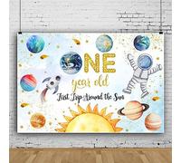Bovlleetd First Trip Around the Sun Backdrop One Year Old Birthday Outer Space Travel Background Decorations Galaxy Theme Solar System First Birthday Party Banner Supplies 10x6.5ft