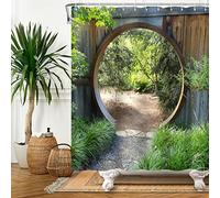 Bovlleetd Greenery Forest Shower Curtain Natural Scenery Bathroom Shower Curtain Rustic Circular Arch Garden Wooden Doorway Cobblestone Pathway Bathrtub Decors Set 12 Holes 72" Wx72 H