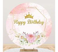 Bovlleetd Happy Birthday Backdrop Gradient Pink Shot Background Geometric Frame with Colorful Flowers Circle Backdrop Gold Crown Round Backdrop for Girl Woman Birthday Party Decoration 7x7ft