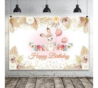 Bovlleetd Happy Birthday Backdrop with Cute Bunny In a Flower Bush Dried Roses In Beige Photography Backdrop Fairy Tale Style Backdrop for Party Decoration 7x5ft Vinyl