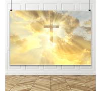 Bovlleetd Jesus Cross Baby Yellow Gorgeous Clouds Photography Backdrop Christ Eliminate Suffering Backdrop for Epiphany Baby Baptism Church Decoration Christian Events Photo Backdrop20x10ft Vinyl