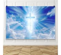 Bovlleetd Jesus Cross Dark Blue Misty Sky Big Clouds Photography Backdrop Christ Backdrop for Epiphany Infant Baptism Church Decoration Christian Events Photo Backdrop20x10ft Vinyl