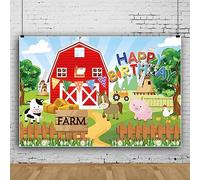 Bovlleetd NWH21164 Farm Background Animal Happy Birthday Backdrop Banner Cartoon Barn Red Photography Backdrops Farm Background for Birthday Party Decorations 220x150cm