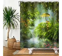Bovlleetd River Shower Curtain Natural Scenery Green Plants Lotus Leaf Stone Big Mushroom Shower Curtains Waterproof Bathroom Partition Decorative Curtain Beautiful Art Curtain 72x74inch