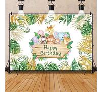 Bovlleetd Safari Animal Happy Birthday Backdrop Cute Wildlife Zoo Themed Party Decoration Golden Green Tropical Leaves Background for Photo Studio Booth Props Cake Table Banner 7x5ft