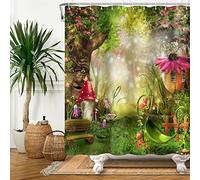 Bovlleetd Spring Fairy Tales Shower Curtain Enchanted Talking Tree Mushroom Shower Curtain for Bathroom Green Lawn Plant with Flowers Sunshine Bath Curtain Accessories 48Wx72L