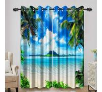 Bovlleetd Tropical Seaside Scenery Curtains Beach Green Palm Tree Blue Sky White Clouds Window Curtains for Living Room Fascinating Hawaiian Island Landscape Blackout Curtains set 2 Panels 55Wx69H