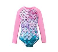 BOVOSHA Girls Mermaid Swimsuit Kids One Piece Swimwear Toddler Girl Long Sleeve Swimming Costume Rash Guard Surfing (Pink, 3-4T)