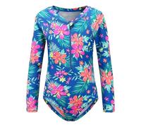 BOVOSHA Girls One Piece Swimsuit Kids Hawaii Floral Long Sleeve Swimming Costume Sun Protection Rash Guard (Blue, 5-6T)