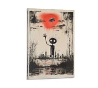 BoVrilyx Alien Graffiti Wall Art Surreal Red Sun And UFO Street Style Print Urban Cartoon Character Against City Skyline Bold Abstract Poster Studio Game Room Wall Decor Gift 12x18inch Frame