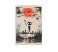 BoVrilyx Alien Graffiti Wall Art Surreal Red Sun And UFO Street Style Print Urban Cartoon Character Against City Skyline Bold Abstract Poster Studio Game Room Wall Decor Gift 20x30inch Unframe