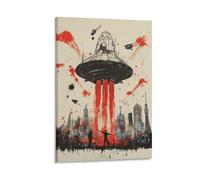 BoVrilyx Alien Spaceship Wall Art Sci-Fi Poster with UFO Invasion Futuristic Cityscape And Red Explosion Accents Modern Fantasy Decor Game Room Teen Wall Aesthetic Gift 16x24inch Frame