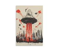 BoVrilyx Alien Spaceship Wall Art Sci-Fi Poster with UFO Invasion Futuristic Cityscape And Red Explosion Accents Modern Fantasy Decor Game Room Teen Wall Aesthetic Gift 08x12inch Unframe