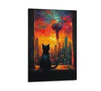 BoVrilyx Cat Watching City Wall Art Poster Dramatic Urban Sunset Explosion Scene Surreal Cat Silhouette Painting Living Room Office Moody Abstract Canvas Home Decor Gift 08x12inch Frame