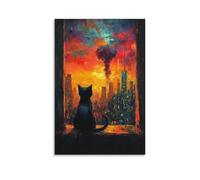 BoVrilyx Cat Watching City Wall Art Poster Dramatic Urban Sunset Explosion Scene Surreal Cat Silhouette Painting Living Room Office Moody Abstract Canvas Home Decor Gift 12x18inch Unframe