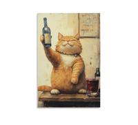 BoVrilyx Cheers Cat Wall Art Funny Fat Orange Cat Holding Wine Bottle Poster Whimsical Artwork for Bar Kitchen Or Lounge Decor Gift 12x18inch(30x45cm) Unframe