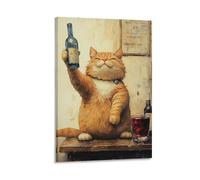 BoVrilyx Cheers Cat Wall Art Funny Fat Orange Cat Holding Wine Bottle Poster Whimsical Artwork for Bar Kitchen Or Lounge Decor Gift 08x12inch(20x30cm) Frame
