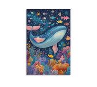 BoVrilyx Colorful Whale Wall Art Underwater Ocean Sea Life Poster with Tropical Fish And Coral Reef Marine Animal Decor Bathroom Coastal Kids Room Beach Nursery Gift 08x12inch Unframe