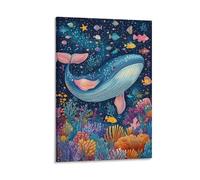 BoVrilyx Colorful Whale Wall Art Underwater Ocean Sea Life Poster with Tropical Fish And Coral Reef Marine Animal Decor Bathroom Coastal Kids Room Beach Nursery Gift 24x36inch Frame