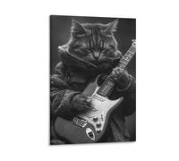 BoVrilyx Cool Cat Playing Guitar Wall Art Poster Black And White Musician Kitty in Coat Funny Animal Music Decor Studio Living Room Office Rock And Roll Cat Canvas Artwork Gift 08x12inch Frame