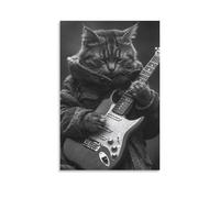BoVrilyx Cool Cat Playing Guitar Wall Art Poster Black And White Musician Kitty in Coat Funny Animal Music Decor Studio Living Room Office Rock And Roll Cat Canvas Artwork Gift 24x36inch Unframe