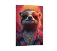 BoVrilyx Cool Sloth Wall Art Tropical Sunset Animal Poster Print with Sunglasses Chains And Hawaiian Shirt Fun And Colorful Jungle Artwork Living Room Lounge Decor Gift 16x24inch Frame