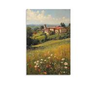 BoVrilyx Countryside Flower Field Landscape Wall Art Scenic Oil Painting of European Village And Meadow for Living Room Hallway Or Rustic Home Decor Gift 16x24inch(40x60cm) Unframe