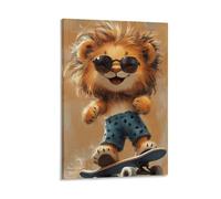 BoVrilyx Cute Cartoon Lion on Skateboard Wall Art Playful Animal Poster for Kids Room Nursery Or Playroom Fun Jungle Animal Theme Decoration Gift 16x24inch(40x60cm) Frame
