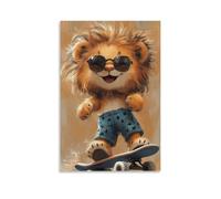 BoVrilyx Cute Cartoon Lion on Skateboard Wall Art Playful Animal Poster for Kids Room Nursery Or Playroom Fun Jungle Animal Theme Decoration Gift 16x24inch(40x60cm) Unframe