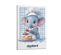 BoVrilyx Cute Elephant Wall Art Kids Cartoon Baby Chef Baking Cake Illustration Nursery Animal Poster Decor Baby Room Playroom Classroom Adorable Giraffe Theme Canvas Print Gift Gift 16x24inch Frame