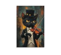 BoVrilyx Elegant Cat Violinist Wall Art Poster Dapper Black Cat in Tuxedo Playing Instrument Whimsical Music Animal Print Living Room Music Room Office Artistic Canvas Decor Gift 12x18inch Unframe