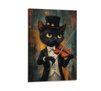 BoVrilyx Elegant Cat Violinist Wall Art Poster Dapper Black Cat in Tuxedo Playing Instrument Whimsical Music Animal Print Living Room Music Room Office Artistic Canvas Decor Gift 20x30inch Frame