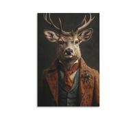 BoVrilyx Elegant Deer Wall Art Dressed Animal Portrait in Vintage Suit with Dark Background Quirky Rustic Lodge Cabin Decor Living Room Study Country Home Accent Gift 12x18inch Unframe
